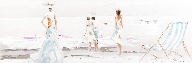 PXYW414 Wall décor art oil on canvas seascape people on beach blue white tones